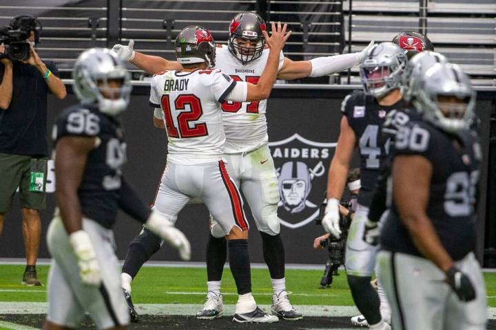 Tampa Bay Buccaneers tight end Rob Gronkowski (87) celebrates his touchdown with quarterback To ...