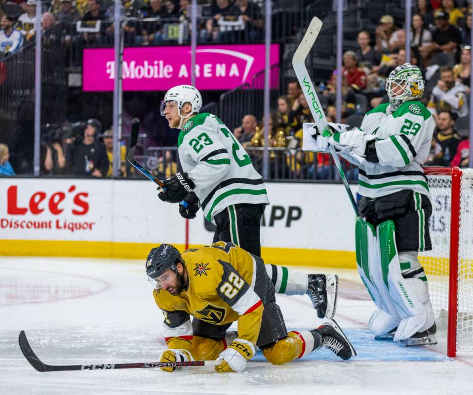 Golden Knights right wing Michael Amadio (22) watches as the puck gets away with Dallas Stars d ...