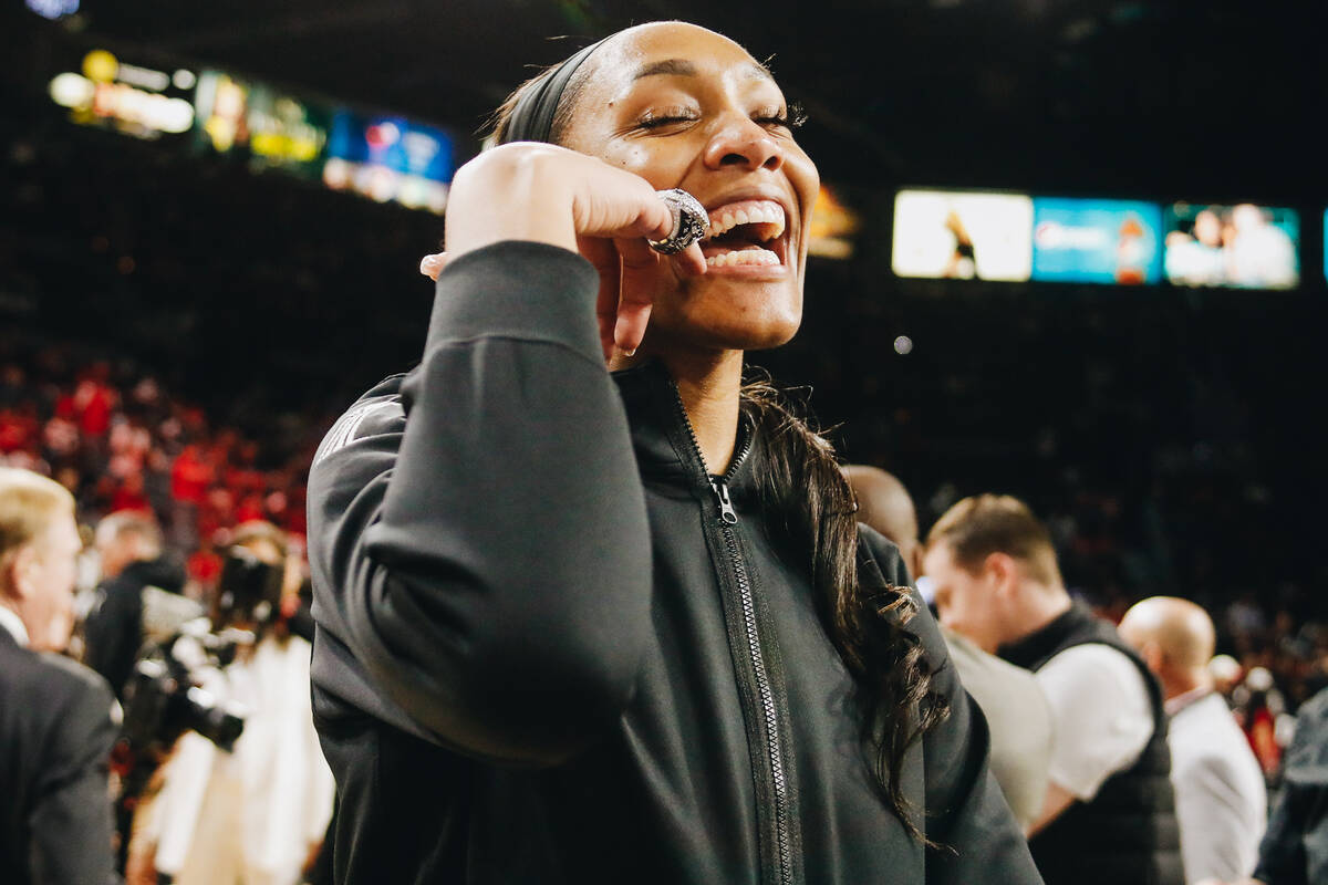 A’ja Wilson poses with her WNBA championship ring before playing the Los Angeles Sparks on Sa ...