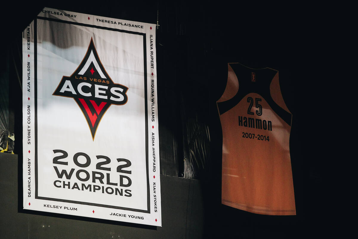 The 2022 WNBA World Championship banner is unveiled in the rafters on Saturday, May 27, 2023, a ...