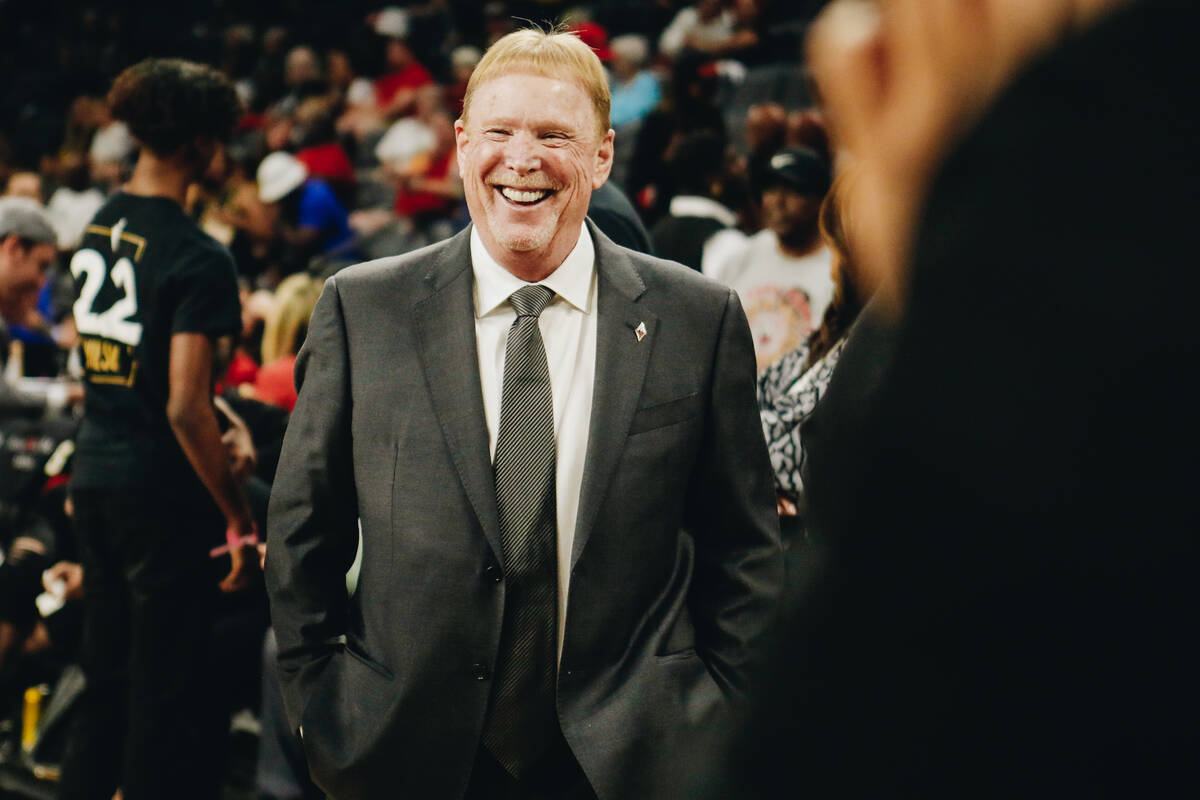 Las Vegas Aces owner Mark Davis smiles before the WNBA championship ring ceremony on Saturday, ...