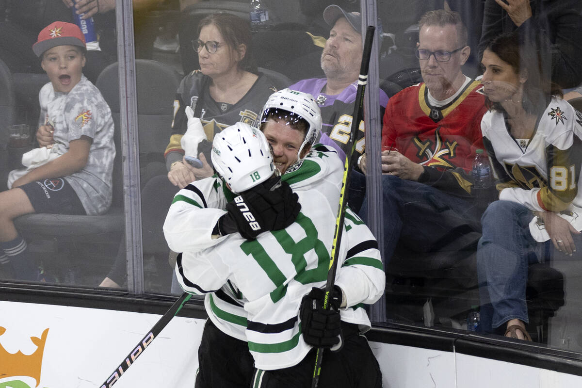 Dallas Stars center Max Domi (18) and center Ty Dellandrea (10) celebrate after Dellandrea scor ...