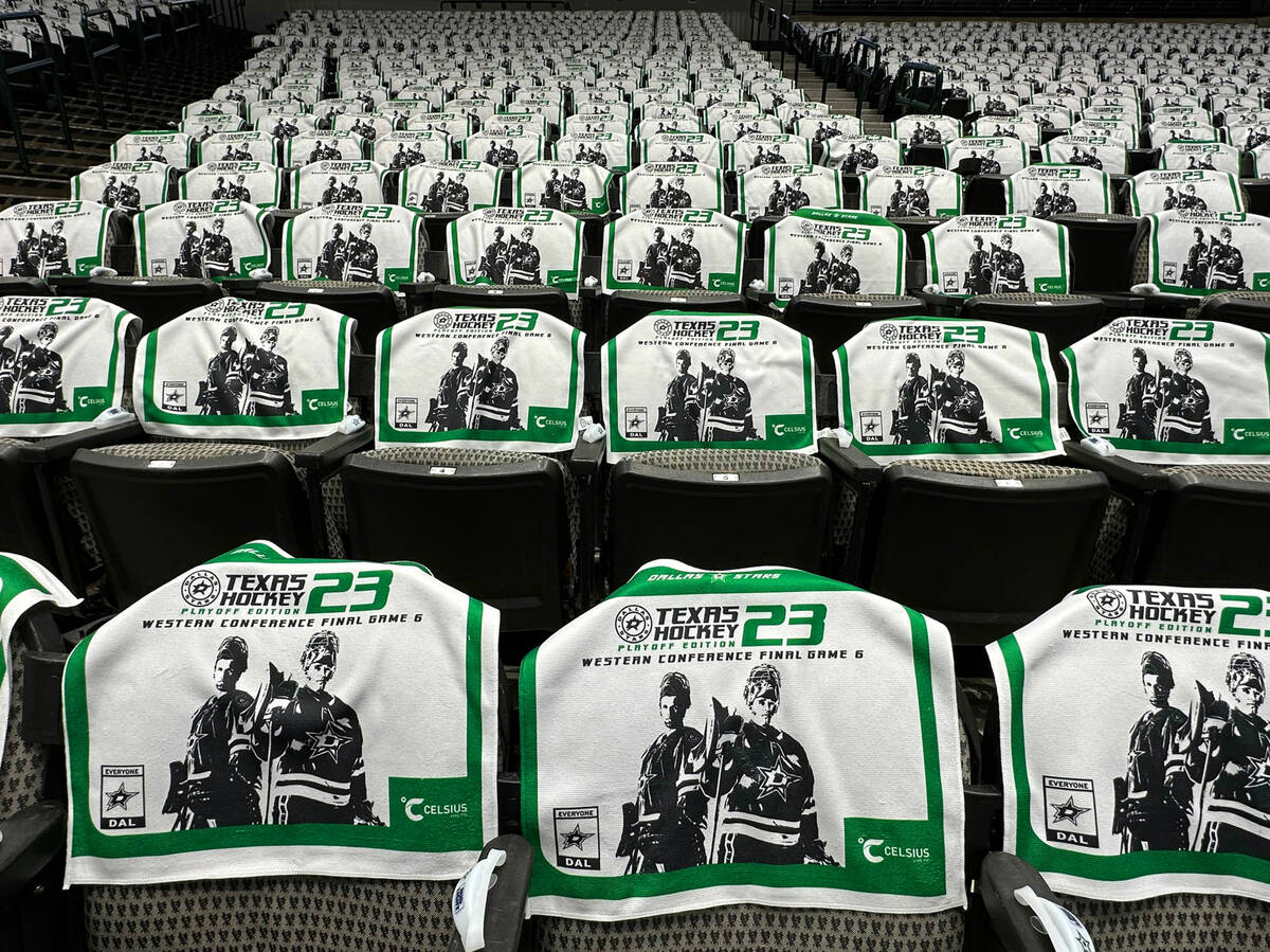 Dallas Stars towels await fans against the Golden Knights in the stands before the first period ...