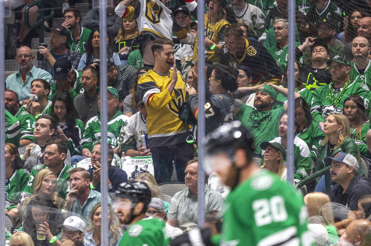Golden Knights fans celebrate a goal against the Dallas Stars in the first period during Game 6 ...