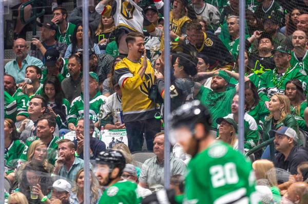 Golden Knights fans celebrate a goal against the Dallas Stars in the first period during Game 6 ...