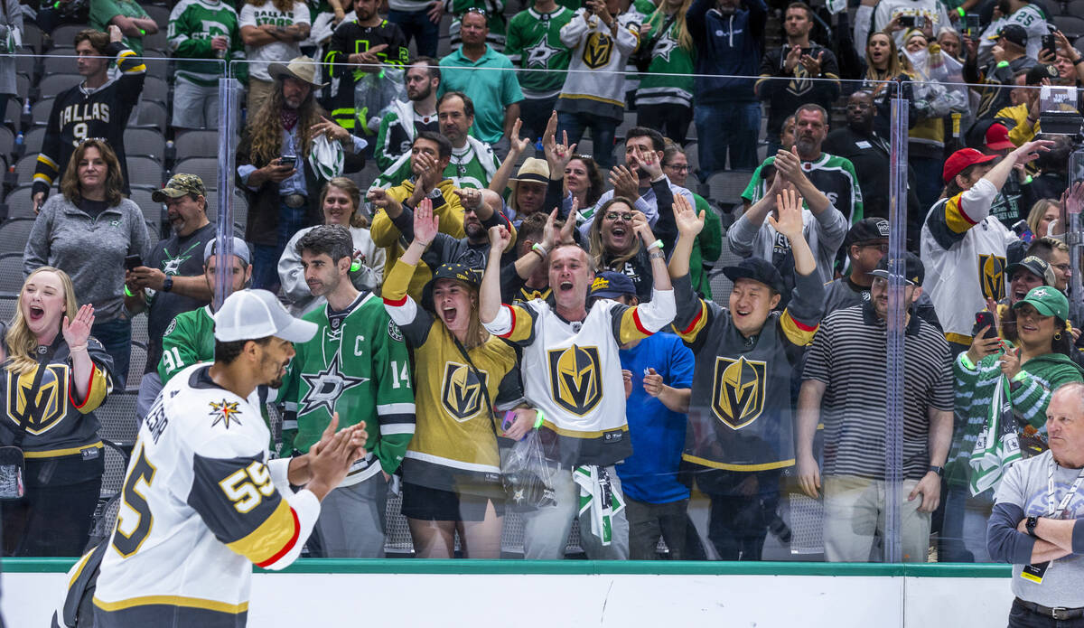 Golden Knights right wing Keegan Kolesar (55) applauds the fans all excited after defeating the ...