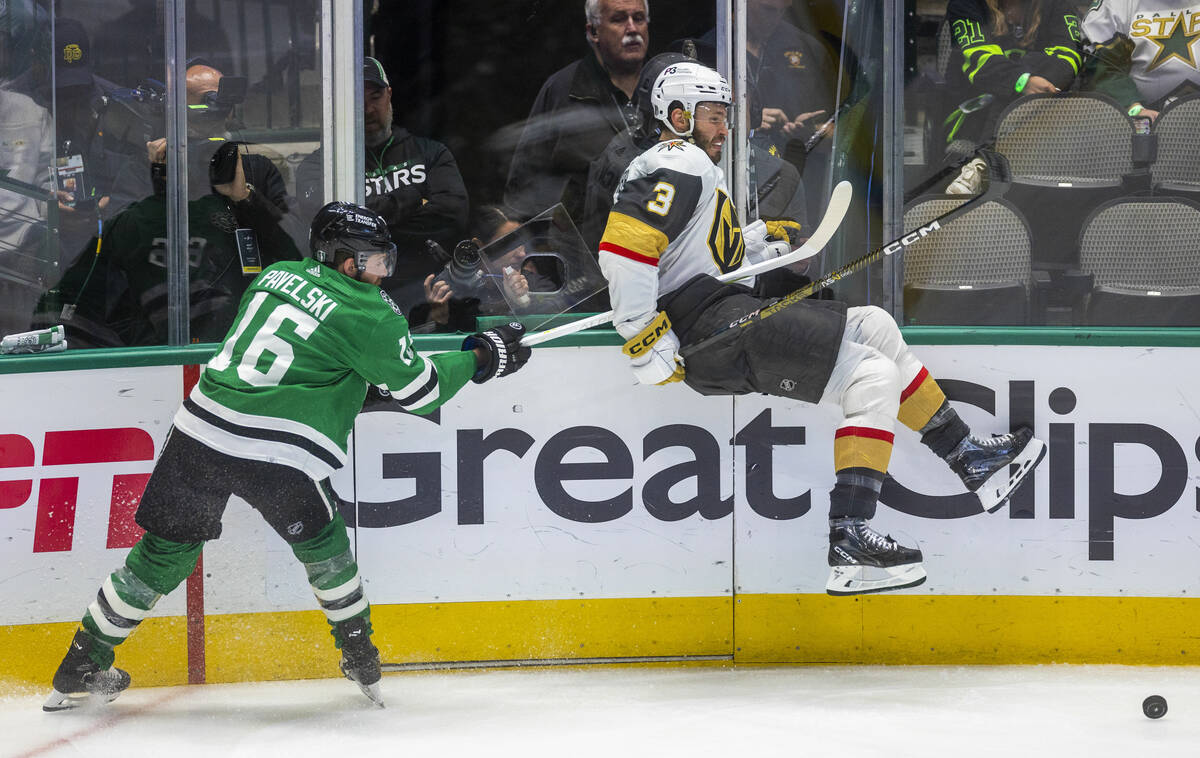 Dallas Stars center Joe Pavelski (16) hooks and trips up Golden Knights defenseman Brayden McNa ...