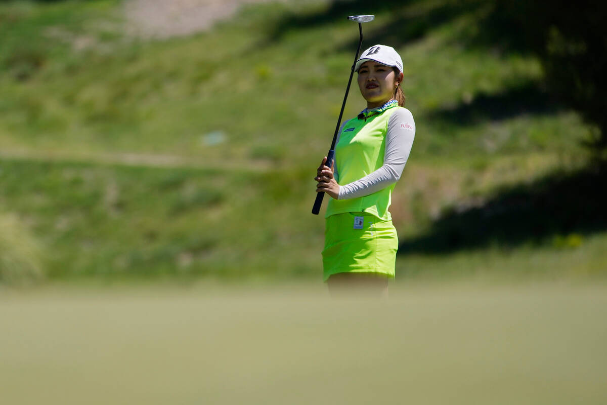 Ayaka Furue reacts after making a putt on the 13th green during the final day of the LPGA Bank ...