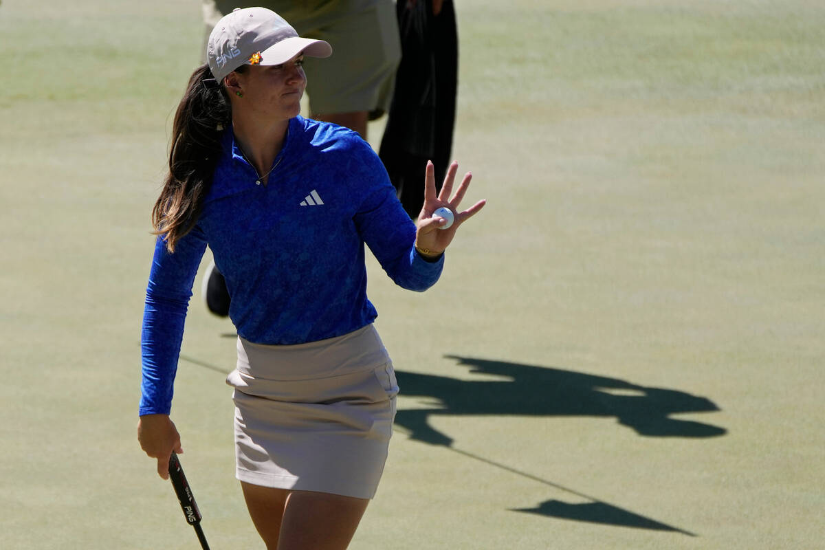 Linn Grant motions after finishing the ninth hole during the final day of the LPGA Bank of Hope ...