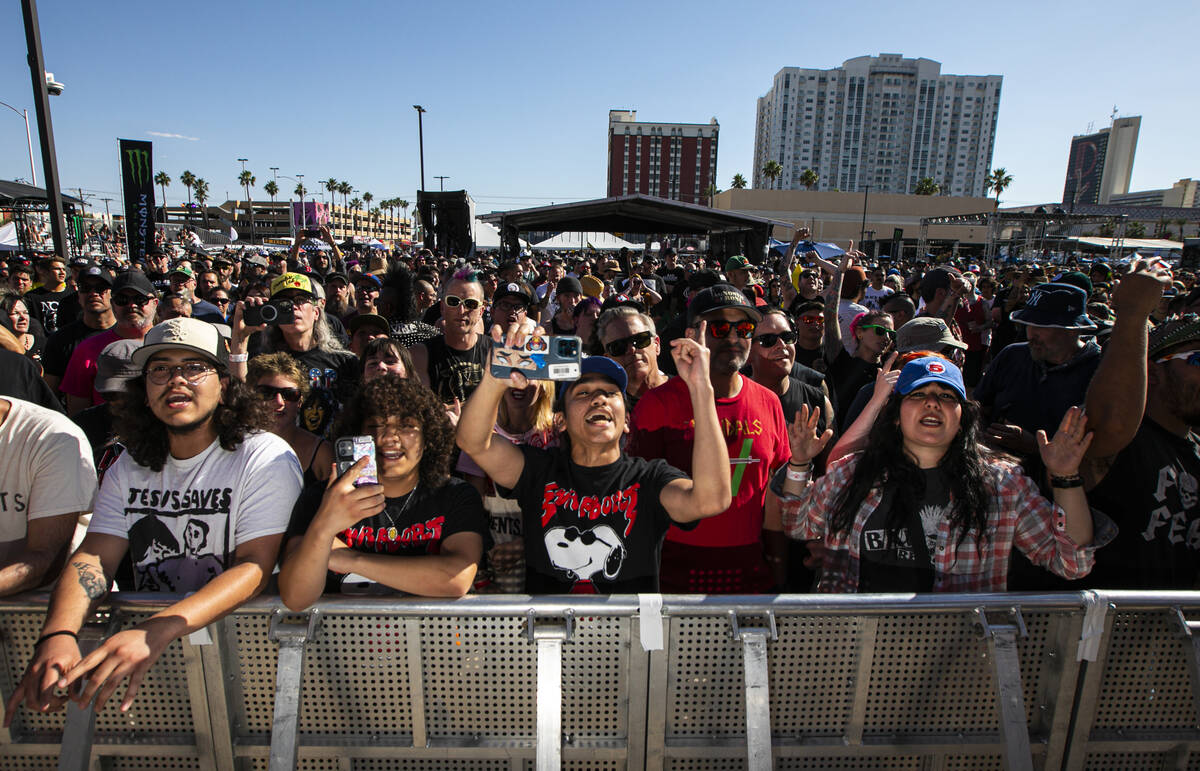 Fans cheer as Surbort performs during the Punk Rock Bowling music festival on Saturday, May 27, ...
