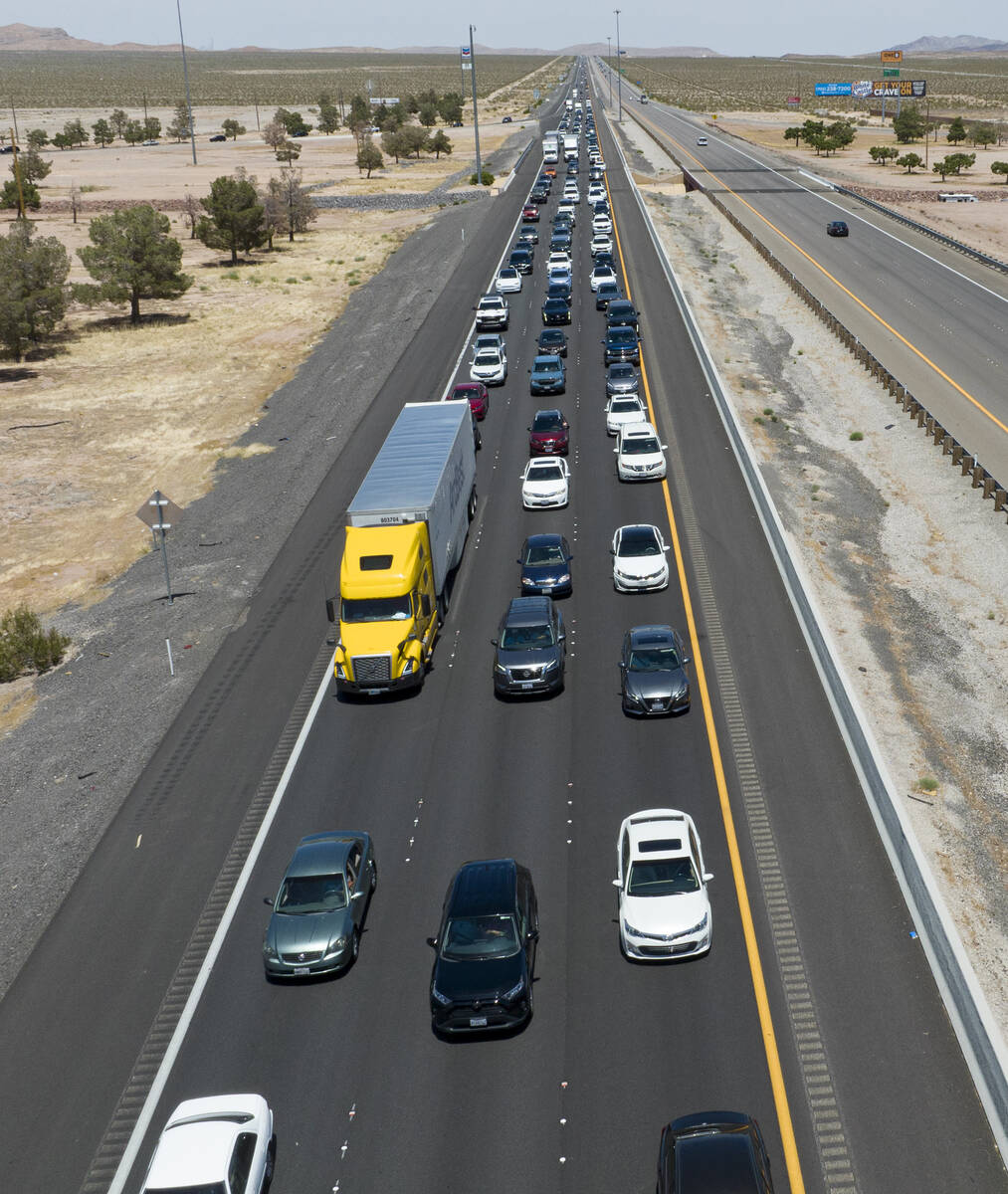 Memorial Day traffic is backed up as motorists travel southbound on Interstate 15, on Monday, M ...