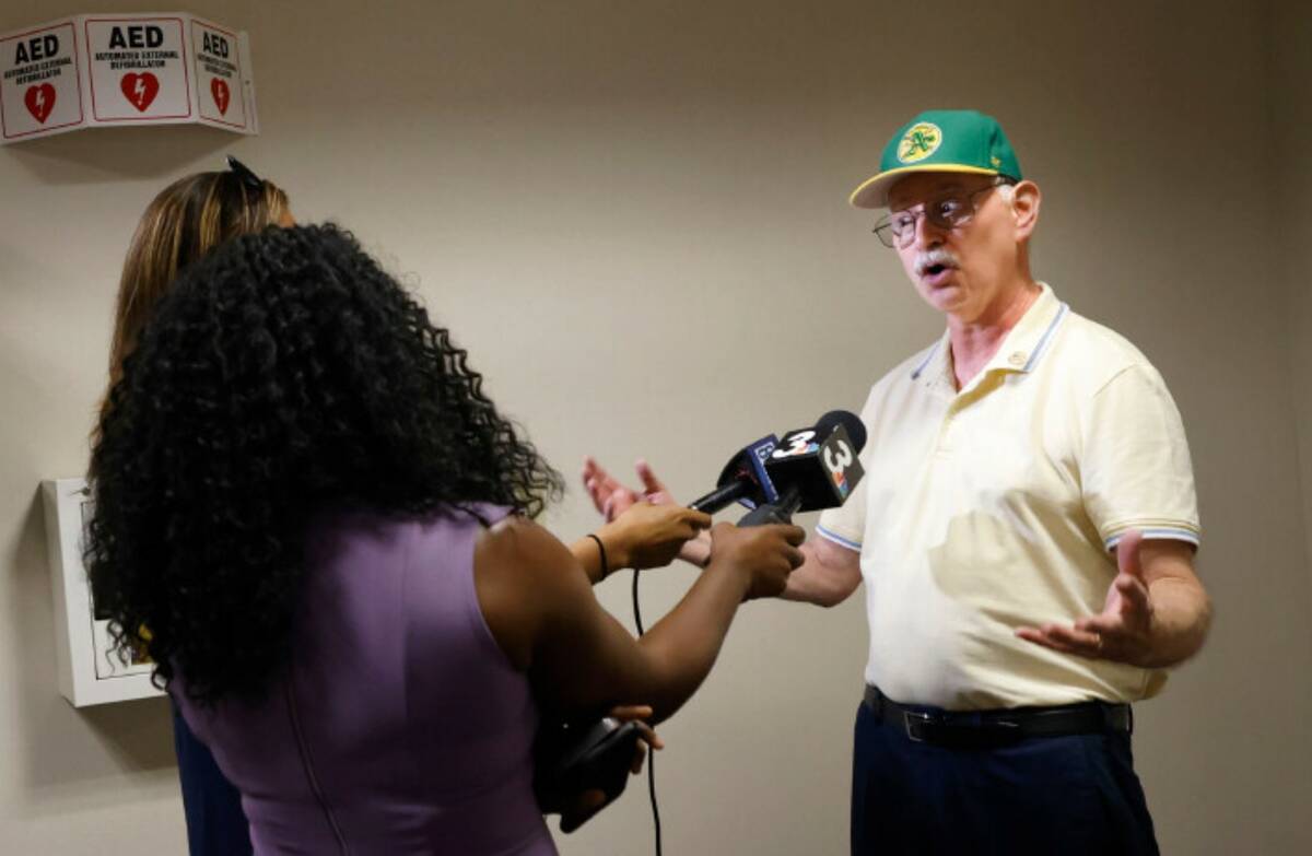 Las Vegas resident Steven Morgan speaks to support the Oakland Athletics’ ballpark financing ...
