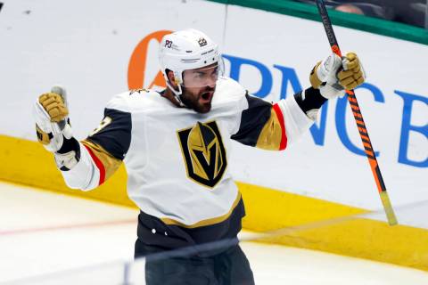 Vegas Golden Knights left wing William Carrier celebrates after scoring during the first period ...