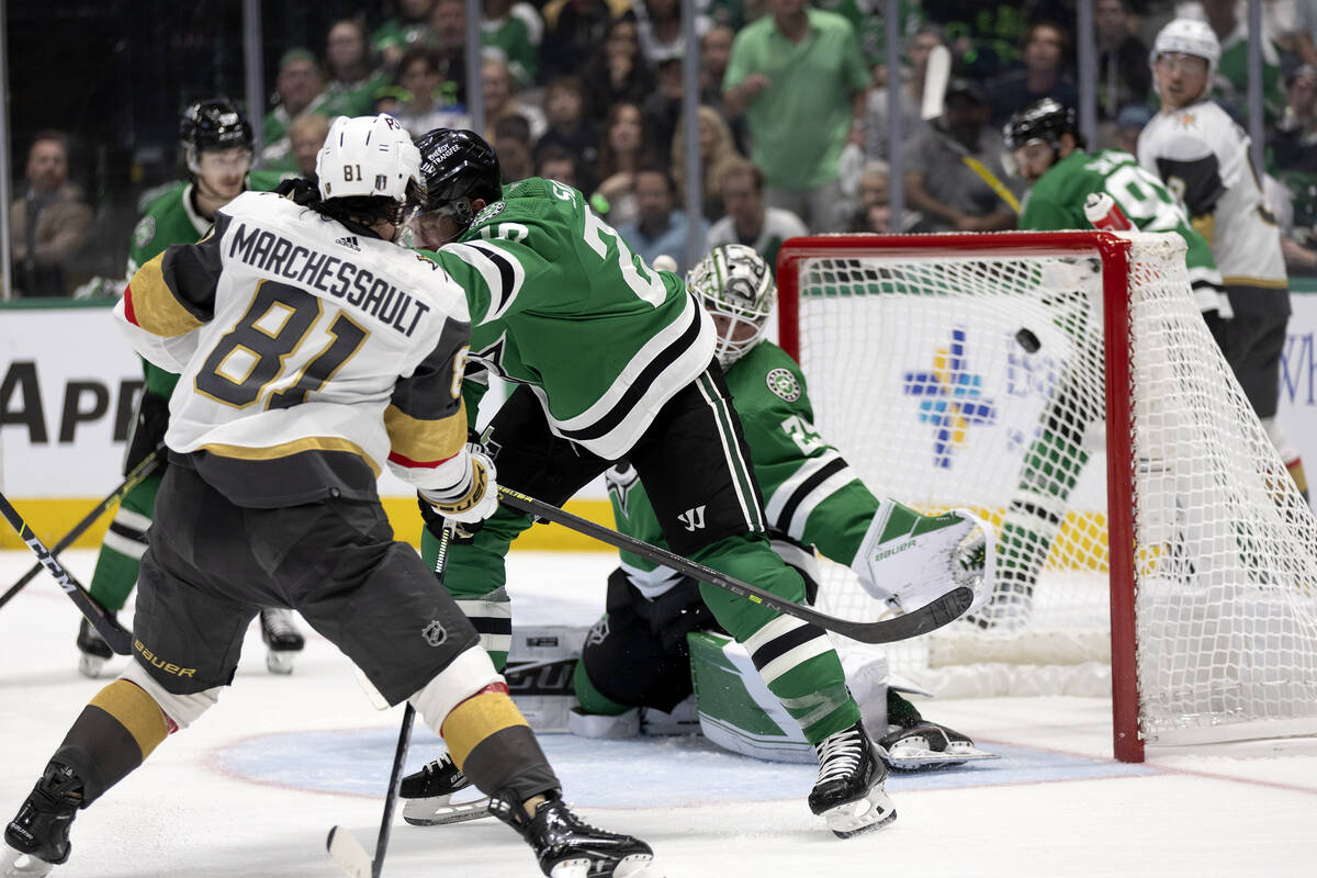 Golden Knights right wing Jonathan Marchessault (81) scores on Dallas Stars goaltender Jake Oet ...