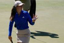 Linn Grant motions after finishing the ninth hole during the final day of the LPGA Bank of Hope ...