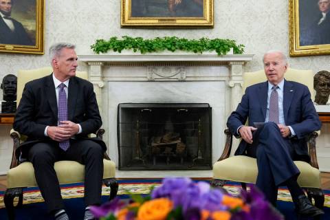 FILE - President Joe Biden meets with House Speaker Kevin McCarthy of Calif., to discuss the de ...