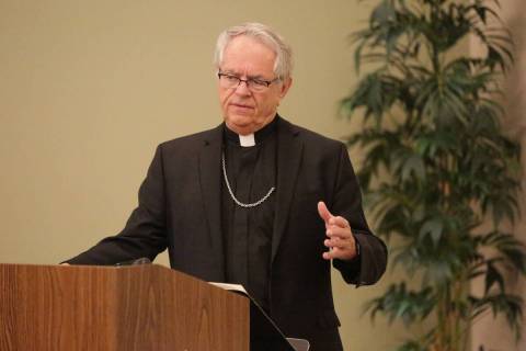Bishop George Leo Thomas speaks during a news conference at the Catholic Diocese of Las Vegas o ...