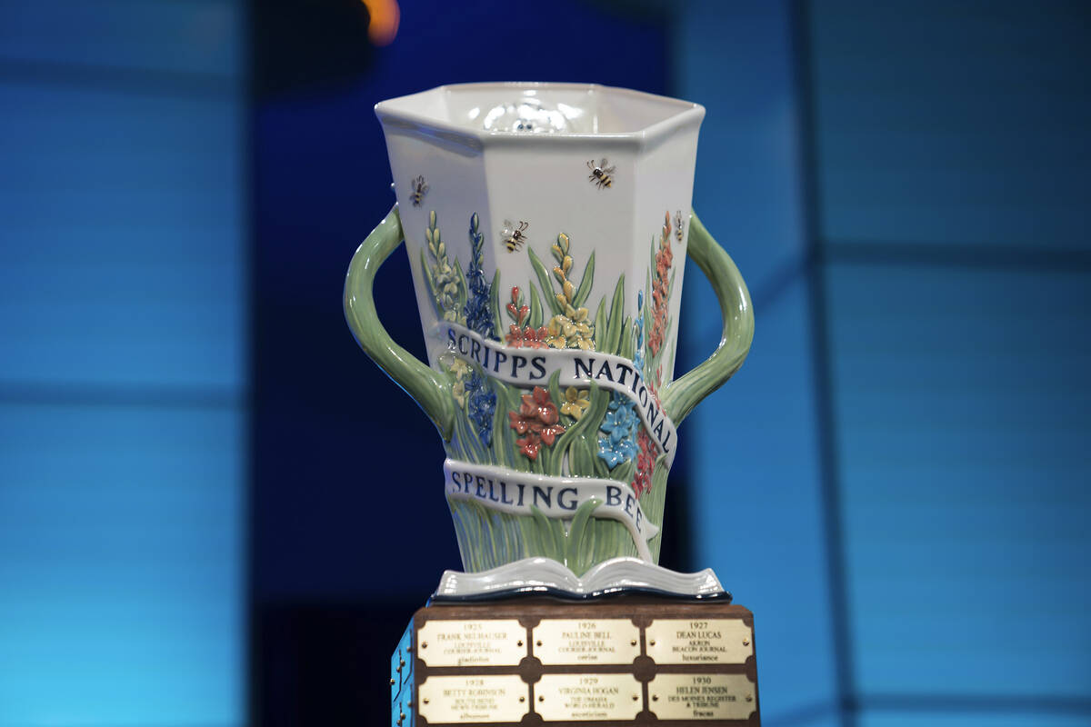 The Scripps National Spelling Bee trophy is seen on the stage ahead of the first round of the S ...