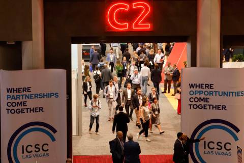 People attend ICSC Las Vegas at Las Vegas Convention Center, Tuesday, May 23, 2023. (Chitose Su ...