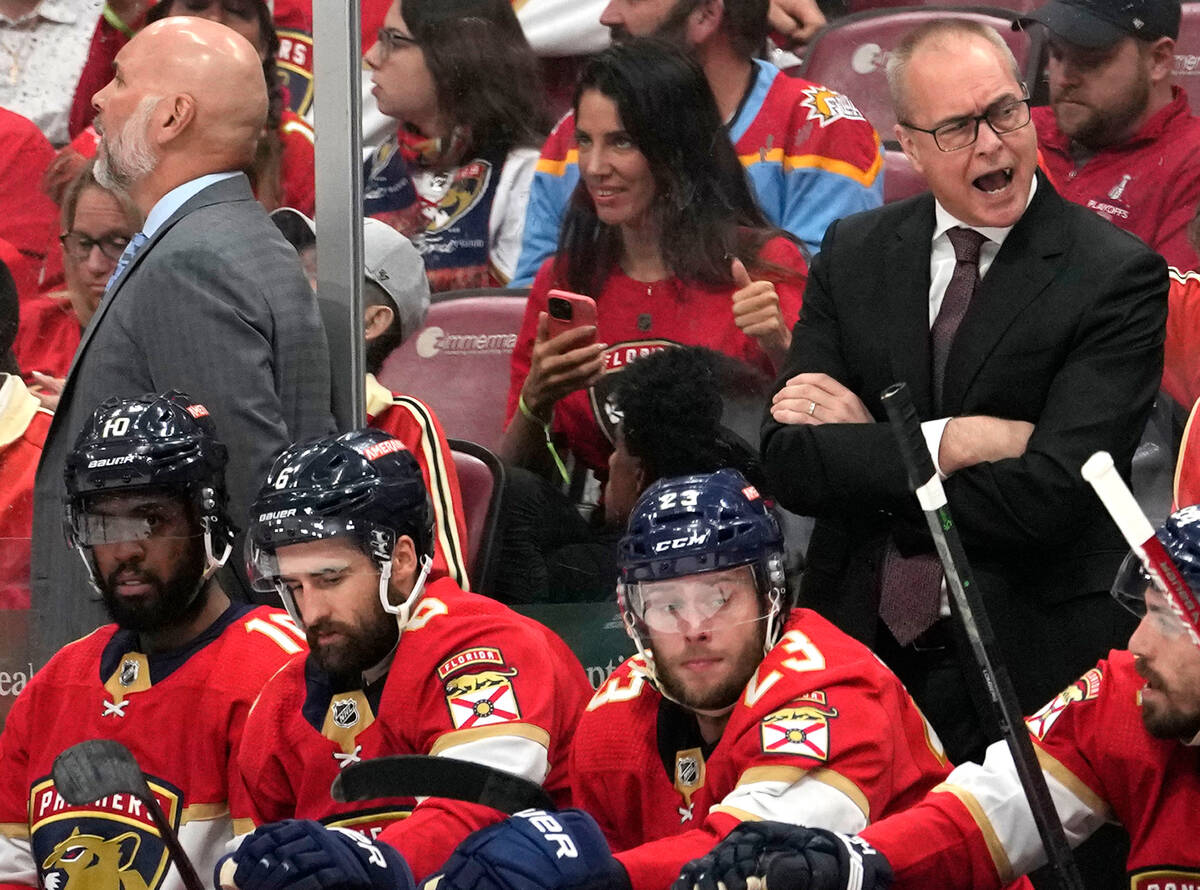 Florida Panthers head coach Paul Maurice, top front right, reacts during the second period of G ...