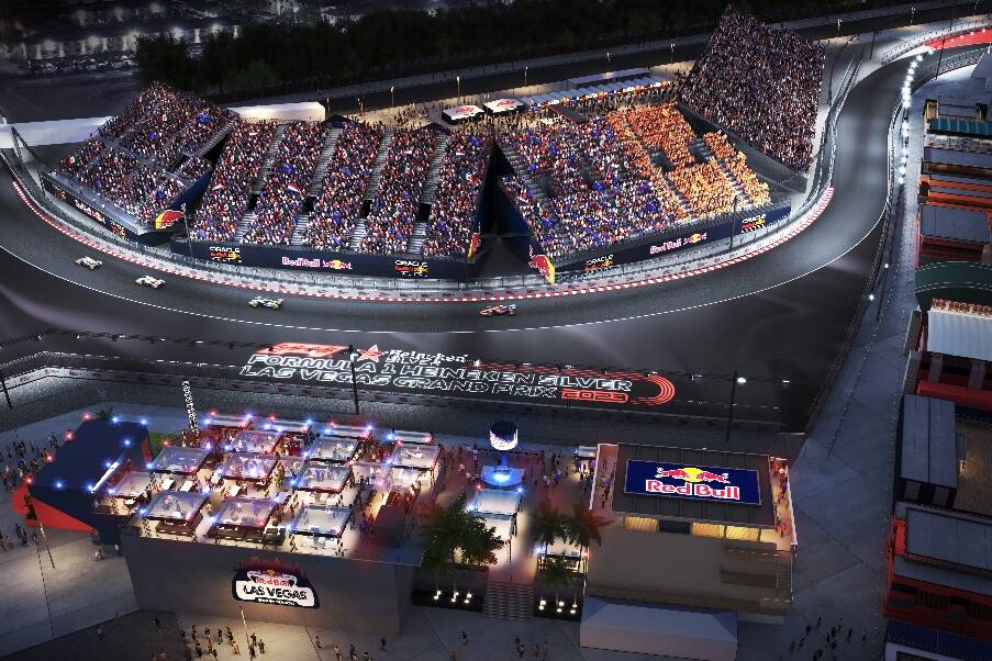 An artist rendering of the Oracle Red Bull grandstand for the Formula One Las Vegas Grand Prix. ...