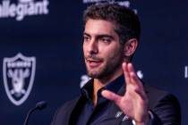 Jimmy Garoppolo speaks during a press conference at the Raiders Headquarters and Intermountain ...