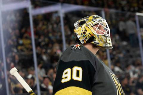 Golden Knights goaltender Robin Lehner (90) skates around the net after letting in a goal to th ...