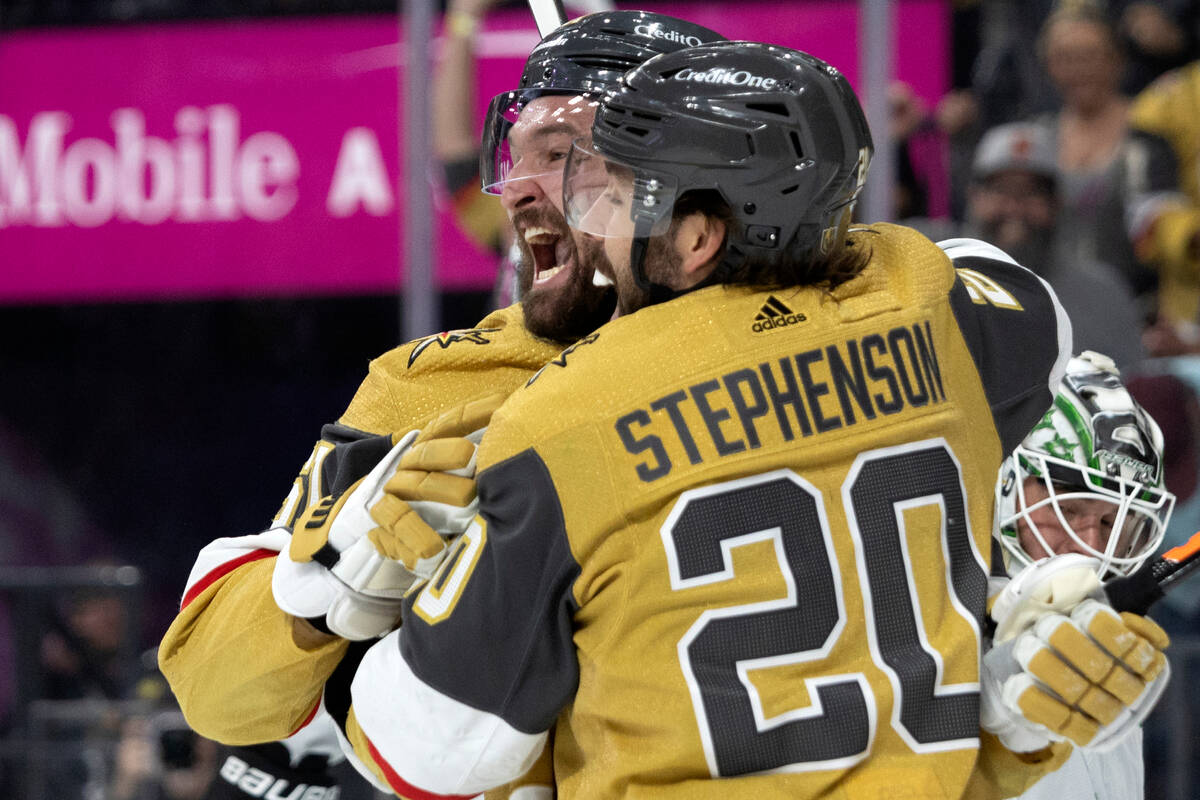 Golden Knights right wing Mark Stone (61) and center Chandler Stephenson (20) celebrate after S ...