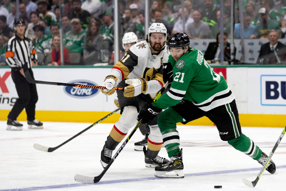Golden Knights right wing Mark Stone (61) skates against Dallas Stars left wing Jason Robertson ...