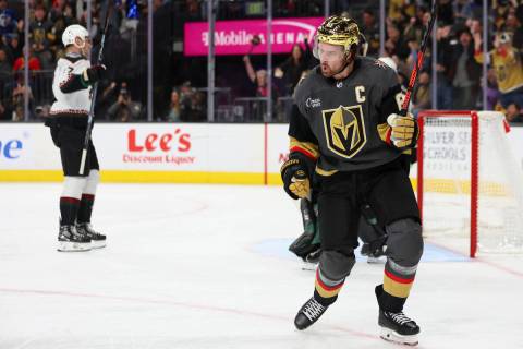 Vegas Golden Knights right wing Mark Stone (61) celebrates his goal against the Arizona Coyotes ...