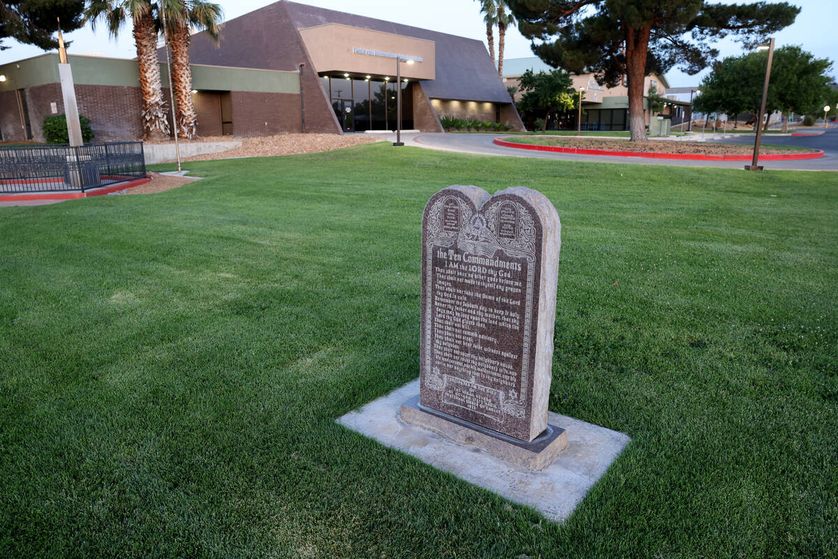 A Ten Commandments monument is shown on City of Las Vegas-owned land near Dula Community Center ...