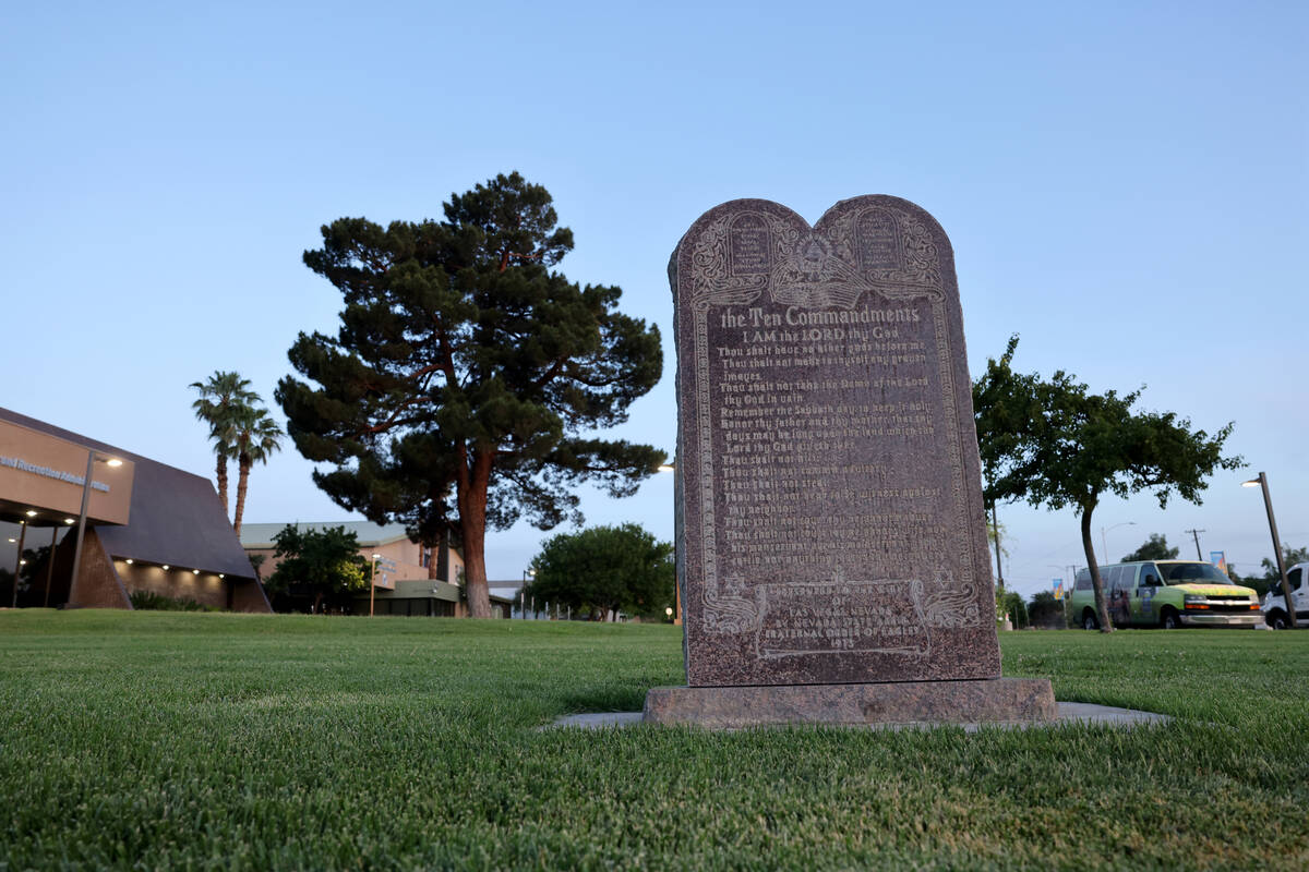 A Ten Commandments monument is shown on City of Las Vegas-owned land near Dula Community Center ...