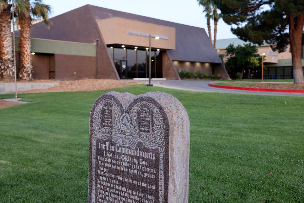 A Ten Commandments monument is shown on City of Las Vegas-owned land near Dula Community Center ...
