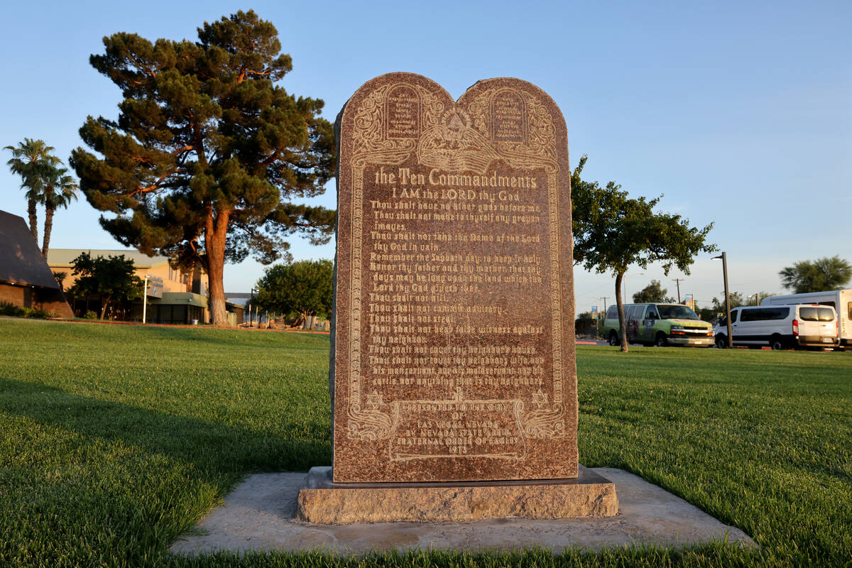 A Ten Commandments monument is shown on City of Las Vegas-owned land near Dula Community Center ...