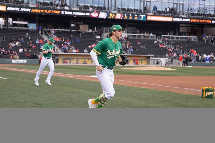 Oakland Athletics second baseman Zach Gelof takes the field before a baseball game against the ...