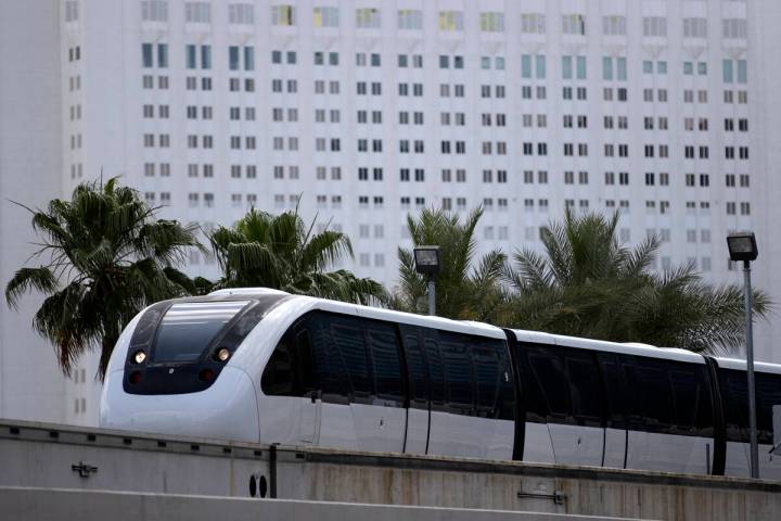 The Las Vegas Monorail travels passes Tropicana near MGM Grand on Wednesday, May 31, 2023, in L ...