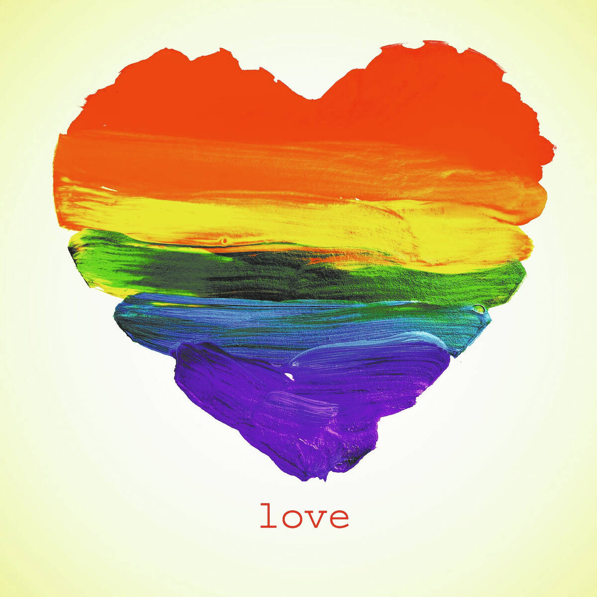 the word love and a rainbow heart painted on a beige background, with a retro effect