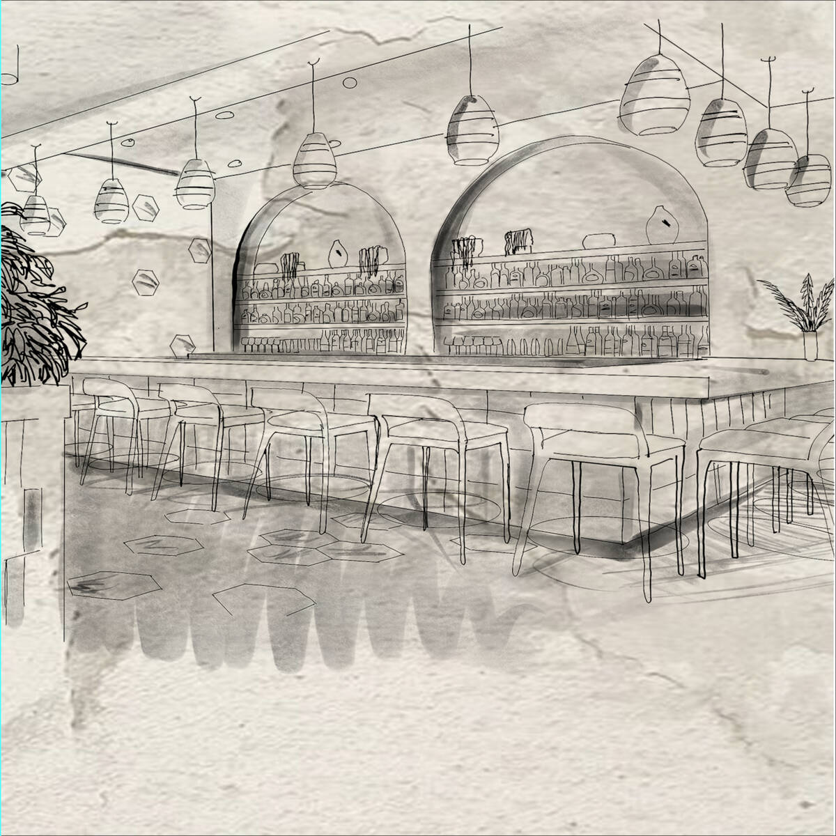 A sketch by artist Koa Paden of the dining room at Pine Bistro, planned to open in summer 2023 ...