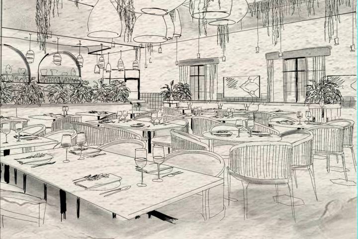 A sketch by artist Koa Paden of the dining room at Pine Bistro, planned to open in summer 2023 ...