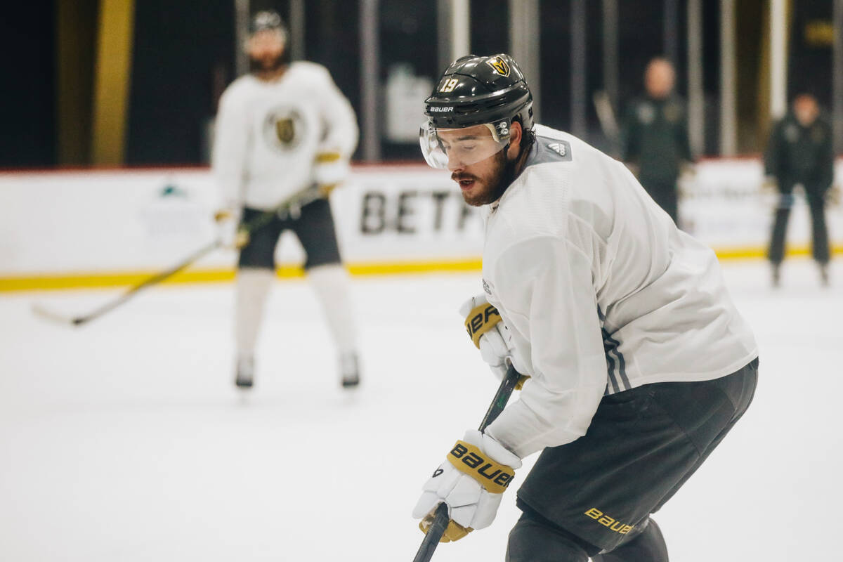 Golden Knights right wing Reilly Smith shuffles a puck during practice on Friday, June 2, 2023, ...