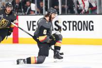 Golden Knights defenseman Colin Miller (6) celebrates his goal against the Washington Capitals ...