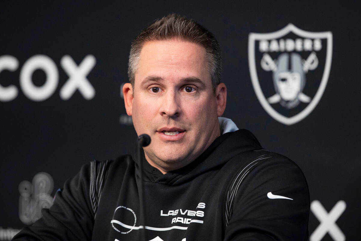Raiders head coach Josh McDaniels speaks during a news conference at Intermountain Health Perfo ...