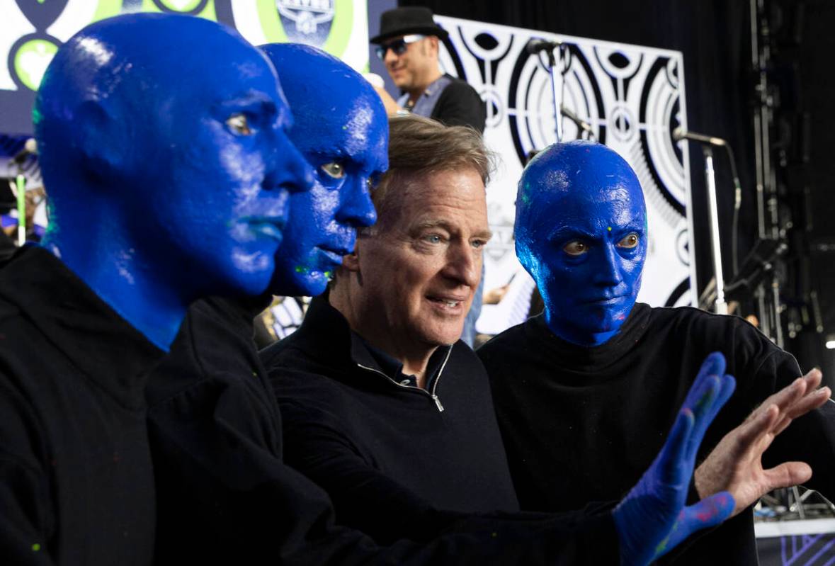NFL commissioner Roger Goodell, third from right, poses for a photo with members of the Blue Ma ...