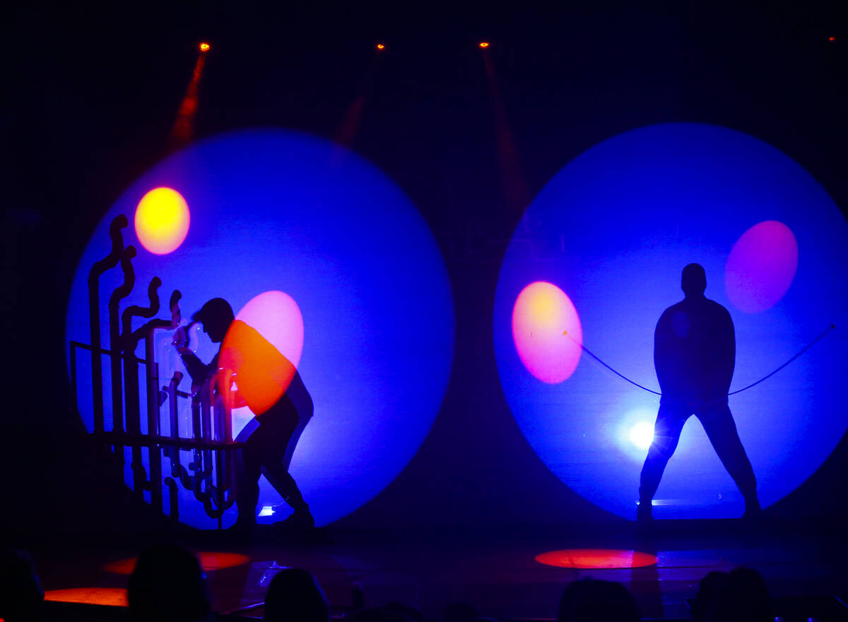 The Blue Man Group performs during a full dress rehearsal at the BMG Theater at the Luxor in La ...