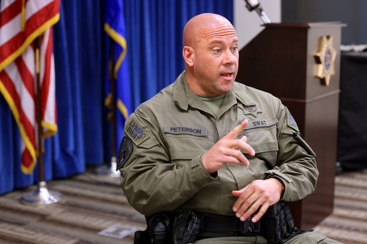 New Las Vegas police SWAT Director Bryan Peterson talks to a reporter at Metropolitan Police De ...