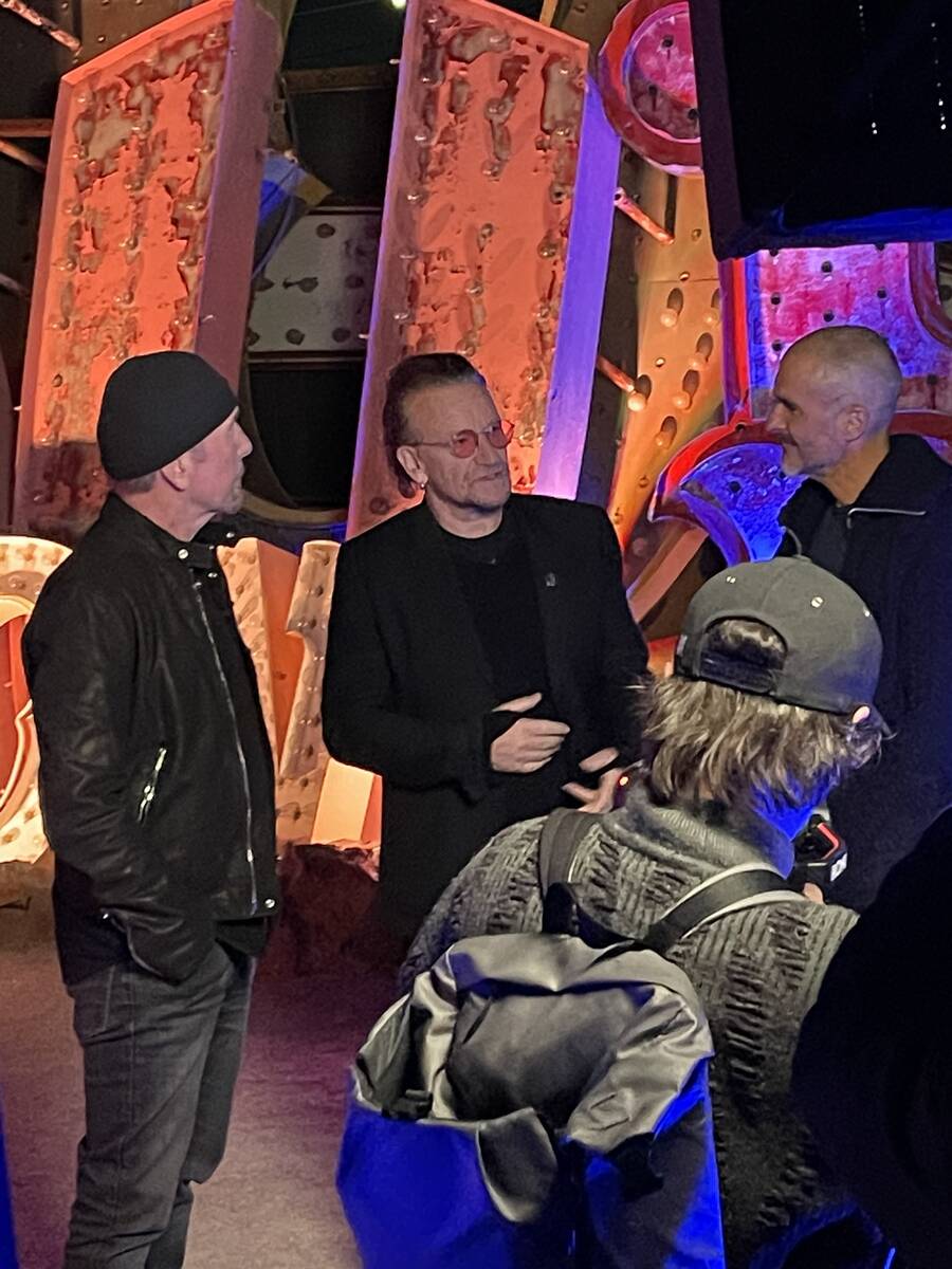 Bono and the Edge of U2 and DJ and multimedia presenter Zane Lowe visit the Neon Museum's Boney ...