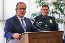 Superintendent Jesus Jara speaks next to Clark County School District police Chief Mike Blackey ...