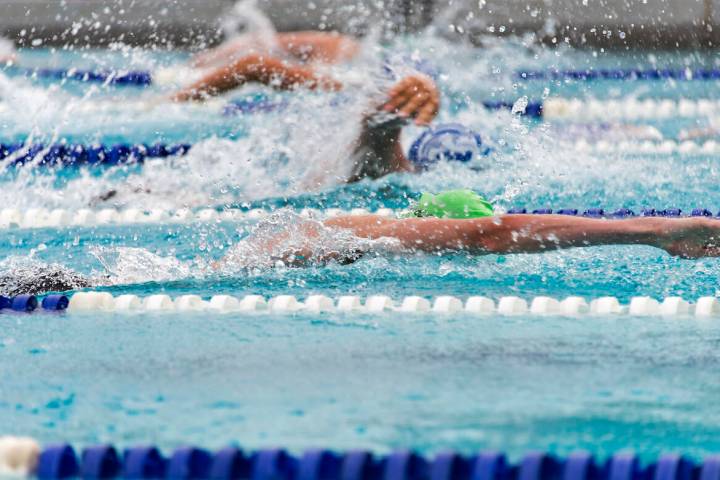 Freestyle swimmers compete in a close race during a summer swim meet.