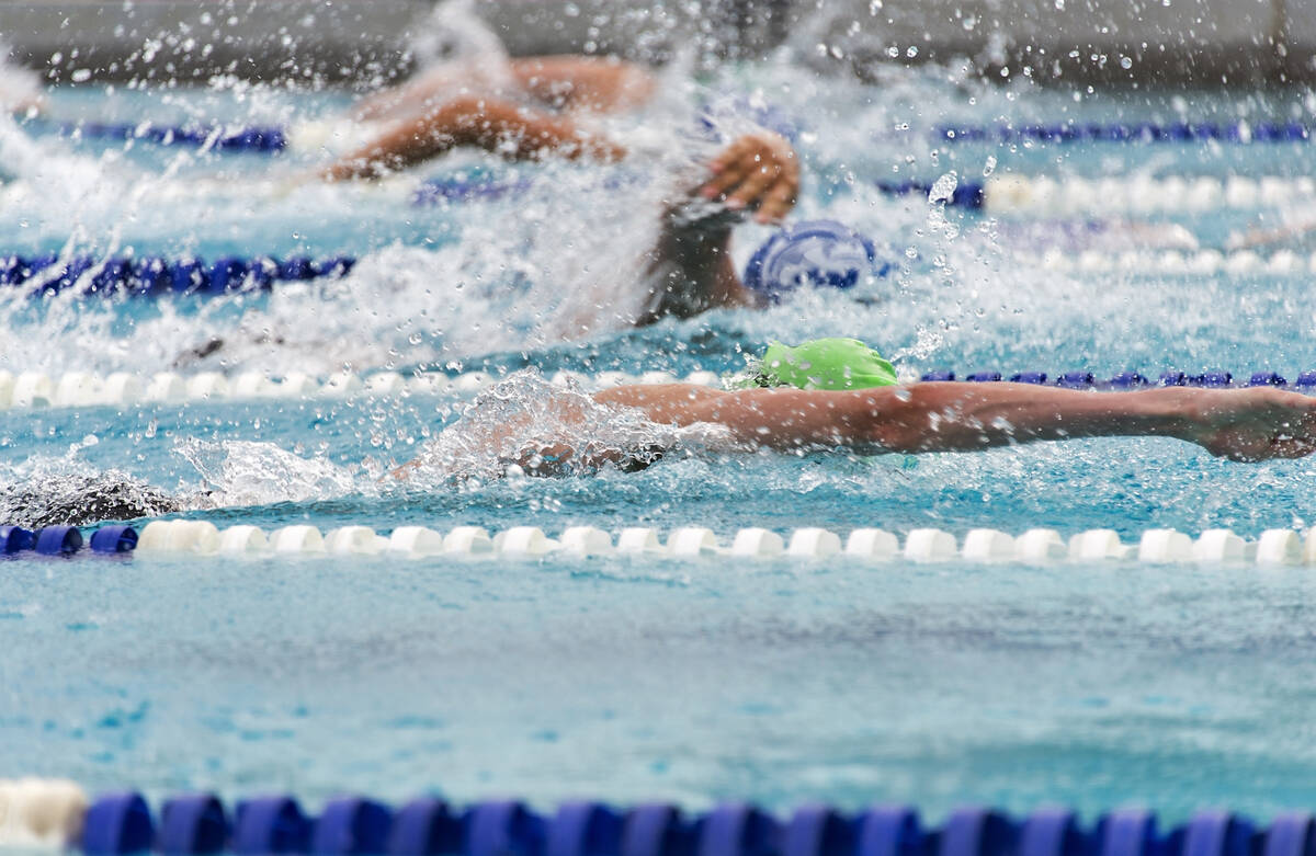 Freestyle swimmers compete in a close race during a summer swim meet.