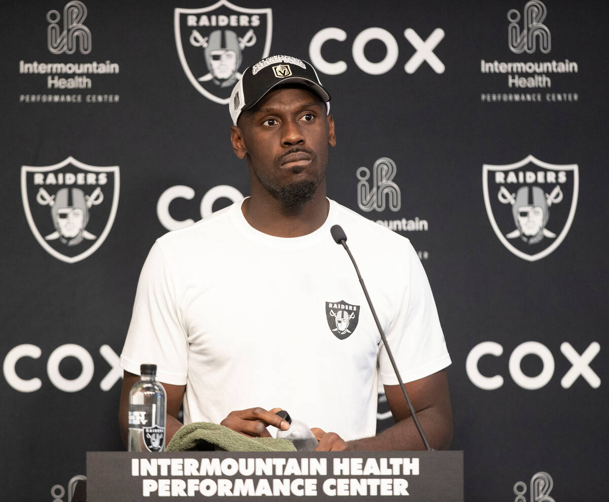 Raiders defensive end Chandler Jones takes questions during a news conference at Intermountain ...